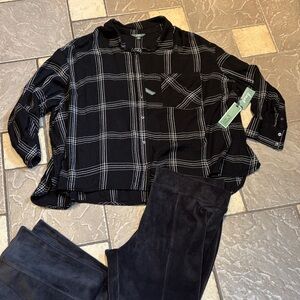 Terra & Sky Black Plaid Button-Front Blouse and pant lot